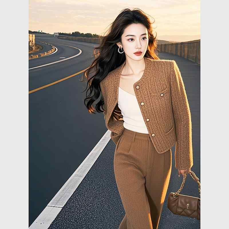 秋服 レディース ファッション オシャレ カワイイ シンプル 大人カワイイ 大きいサイズ 衣装 ハイエンド ブラウン ニット ジャケット パンツ スーツ