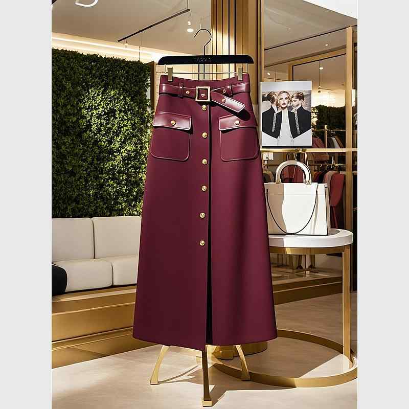 秋服 レディース ファッション オシャレ カワイイ シンプル 大人カワイイ 大きいサイズ ハイエンド レッド ストレート スリム Aライン スカート(4.0)