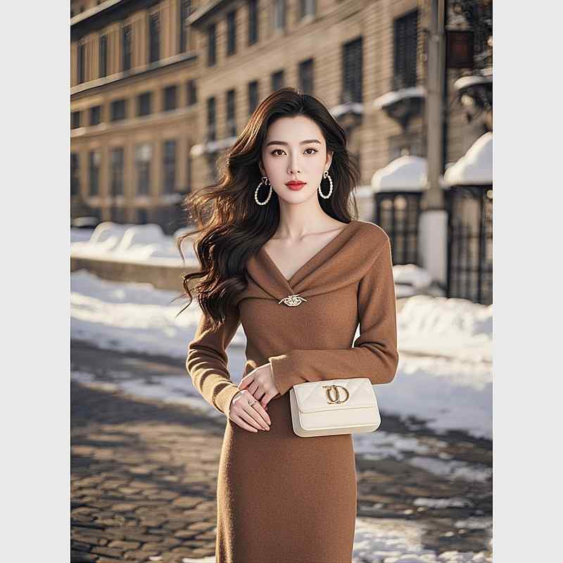 秋服 レディース ファッション オシャレ カワイイ シンプル 大人カワイイ 大きいサイズ フレンチ ハイエンド エレガント ブラウン ドレス フォーマル