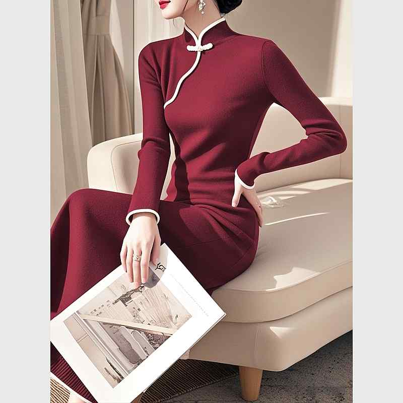秋服 レディース ファッション オシャレ カワイイ シンプル 大人カワイイ 大きいサイズ チャイナ ドレス ハイエンド フォーマル バーガンディ