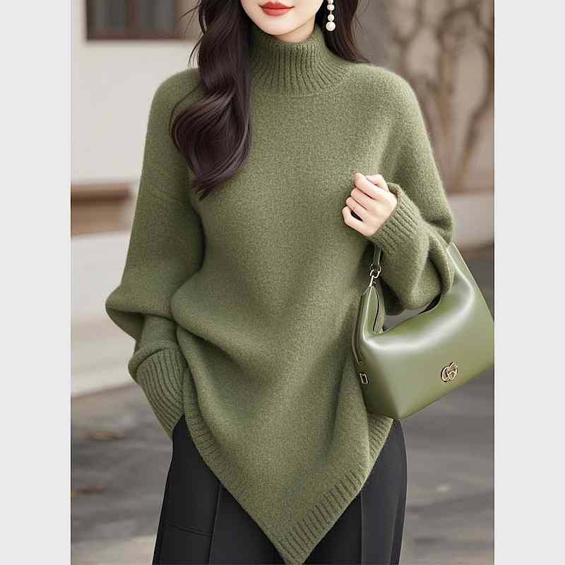 秋服 レディース ファッション オシャレ カワイイ シンプル 大人カワイイ 大きいサイズ シック トップス ニット セーター グリーン タートルネック セーター