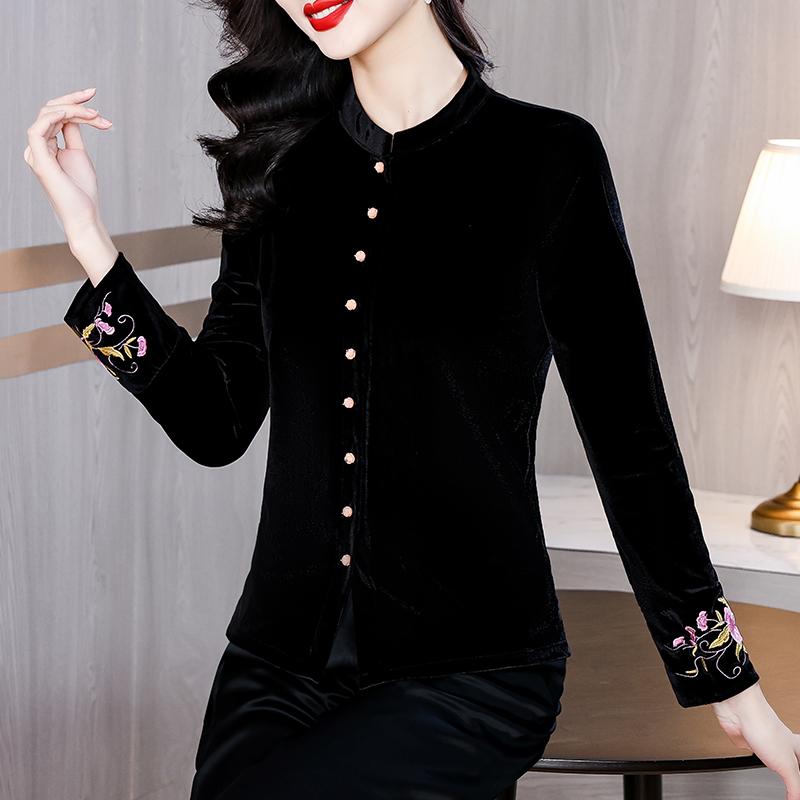 秋服 レディース ファッション オシャレ カワイイ シンプル 大人カワイイ 大きいサイズ ゴールド ベルベット チャイナ シャツ ハイエンド トップス 長袖