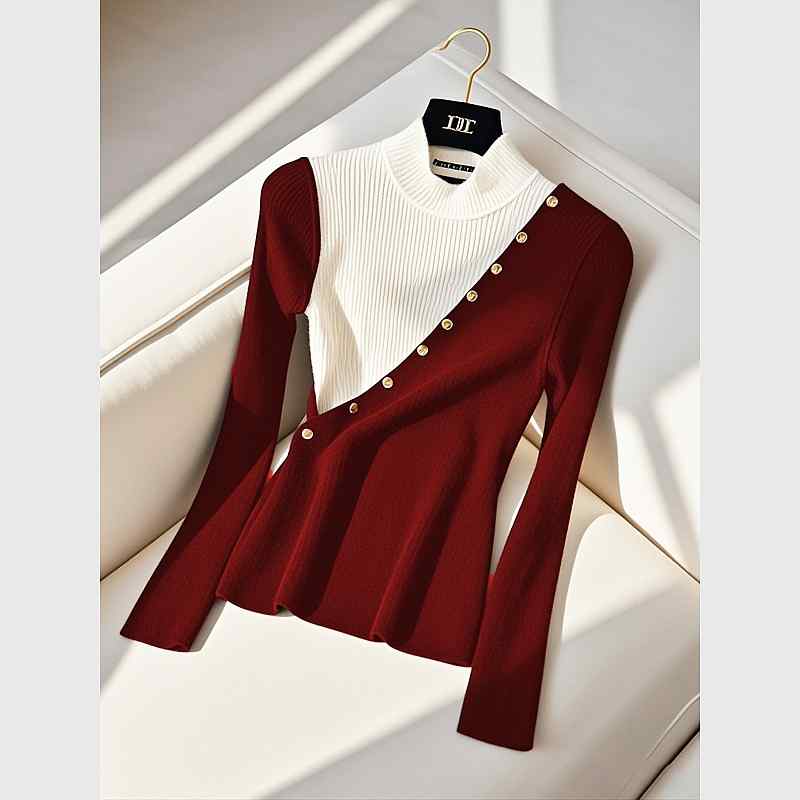 秋服 レディース ファッション オシャレ カワイイ シンプル 大人カワイイ 大きいサイズ ハイエンド フェイク ツーピース セーター レッド セーター トップス