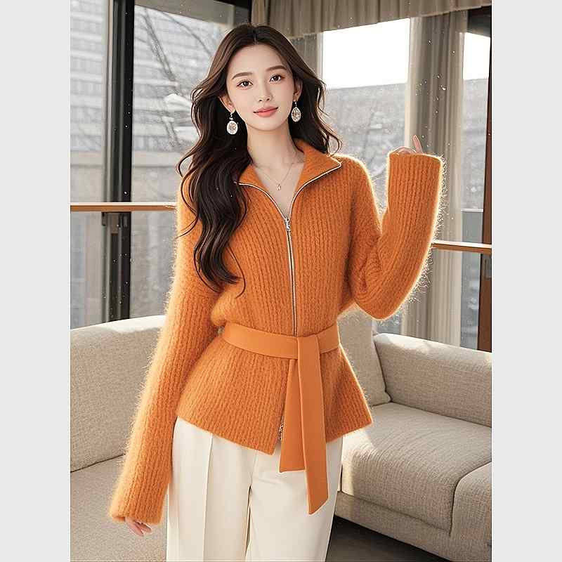 秋服 レディース ファッション オシャレ カワイイ シンプル 大人カワイイ 大きいサイズ ハイエンド ニットカーディガン トップス フェミニン ウエスト オレンジ セーター ジャケットのサムネイル