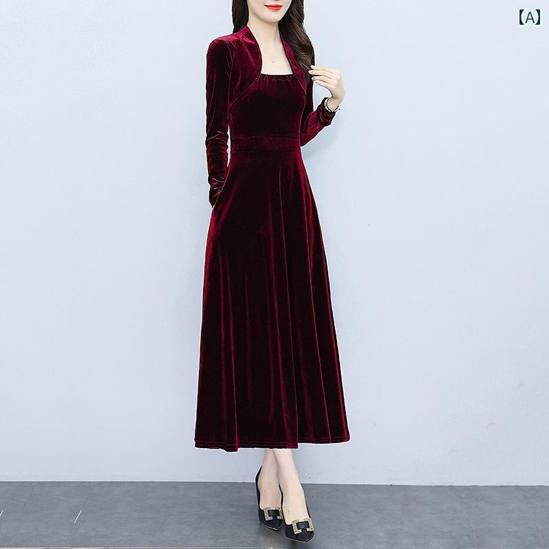 秋服 レディース ファッション オシャレ カワイイ シンプル 大人カワイイ 大きいサイズ ゴールド ベルベット ドレス ウエスト ボトム 長袖 ミドル丈 スカート
