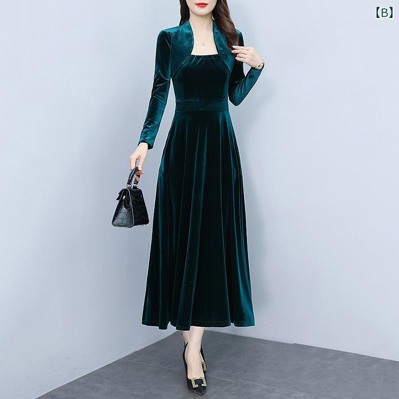 秋服 レディース ファッション オシャレ カワイイ シンプル 大人カワイイ 大きいサイズ ゴールド ベルベット ドレス ウエスト ボトム 長袖 ミドル丈 スカート