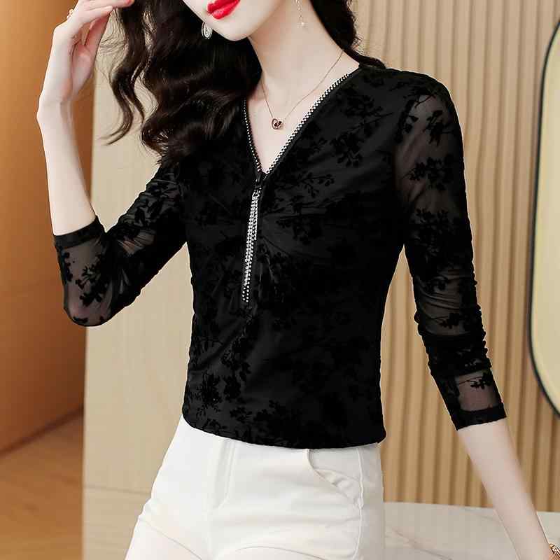 秋服 レディース ファッション オシャレ カワイイ シンプル 大人カワイイ 大きいサイズ 長袖 シャツ メッシュ T Vネック インナー トップス