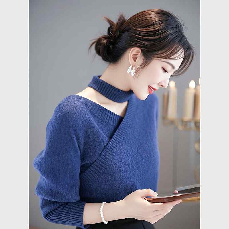 秋服 レディース ファッション オシャレ カワイイ シンプル 大人カワイイ 大きいサイズ ニット トップス ハイエンド フレンチ 青 セーター
