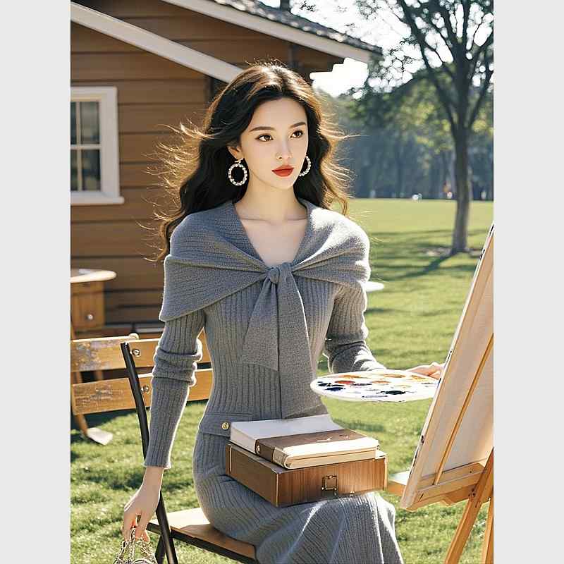 秋服 レディース ファッション オシャレ カワイイ シンプル 大人カワイイ 大きいサイズ フレンチ ロング スカート グレー フェイク ツーピース ショール ニット ドレス