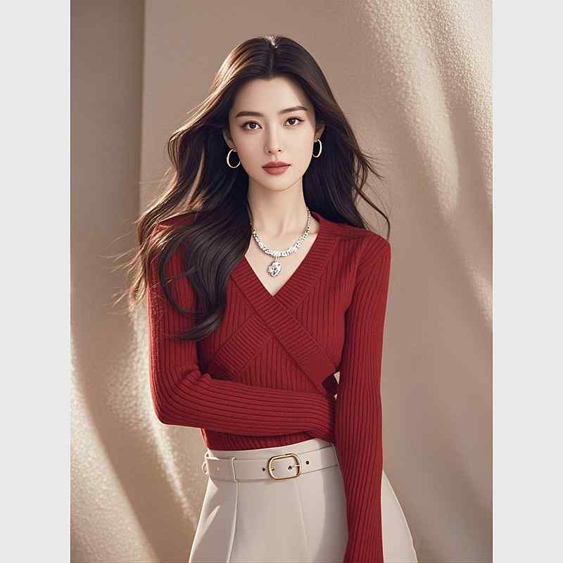 秋服 レディース ファッション オシャレ カワイイ シンプル 大人カワイイ 大きいサイズ ソフト ハイエンド 赤 セーター トップス 干支 スリムフィット インナー Vネック