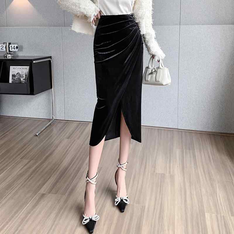 秋服 レディース ファッション オシャレ カワイイ シンプル 大人カワイイ 大きいサイズ ゴールド ベルベットスカート スリット ワン ステップ Aライン ミドル丈 スカート