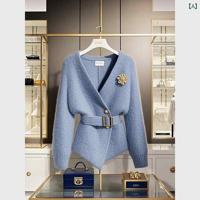 秋服 レディース ファッション オシャレ カワイイ シンプル 大人カワイイ 大きいサイズ ハイエンド ブルー ニットカーディガン トップス セーター ジャケット