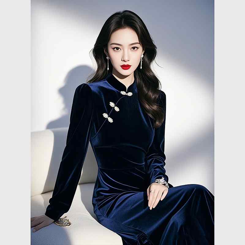 秋服 レディース ファッション オシャレ カワイイ シンプル 大人カワイイ 大きいサイズ ブルーベルベット ドレス ハイエンド ロング スカート