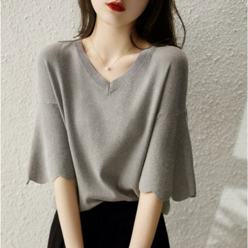 秋服 レディース ファッション オシャレ カワイイ シンプル 大人カワイイ 大きいサイズ Vネック トップス ニット T シャツ 半袖 セーター 薄手 秋服 レディース ファッション オシャレ カワイイ シンプル 大人カワイイ 大きいサイズ Vネック トップス ニット T シャツ 半袖 セーター 薄手