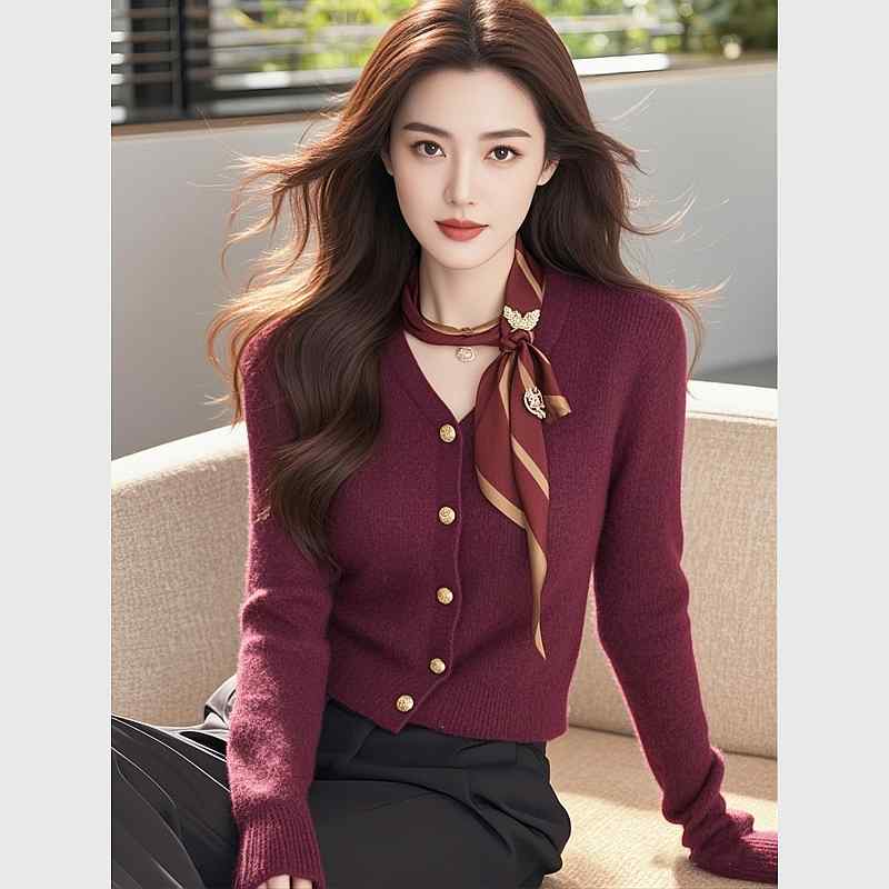 秋服 レディース ファッション オシャレ カワイイ シンプル 大人カワイイ 大きいサイズ レッド ニットカーディガン トップス セーター