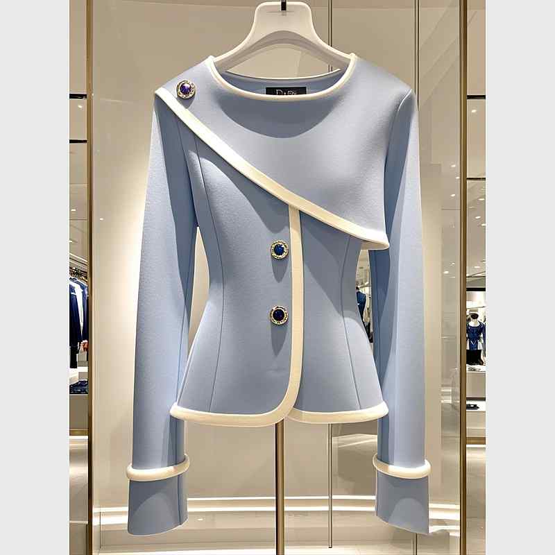 秋服 レディース ファッション オシャレ カワイイ シンプル 大人カワイイ 大きいサイズ ハイエンド ウエスト絞り トップス 青 ジャケット