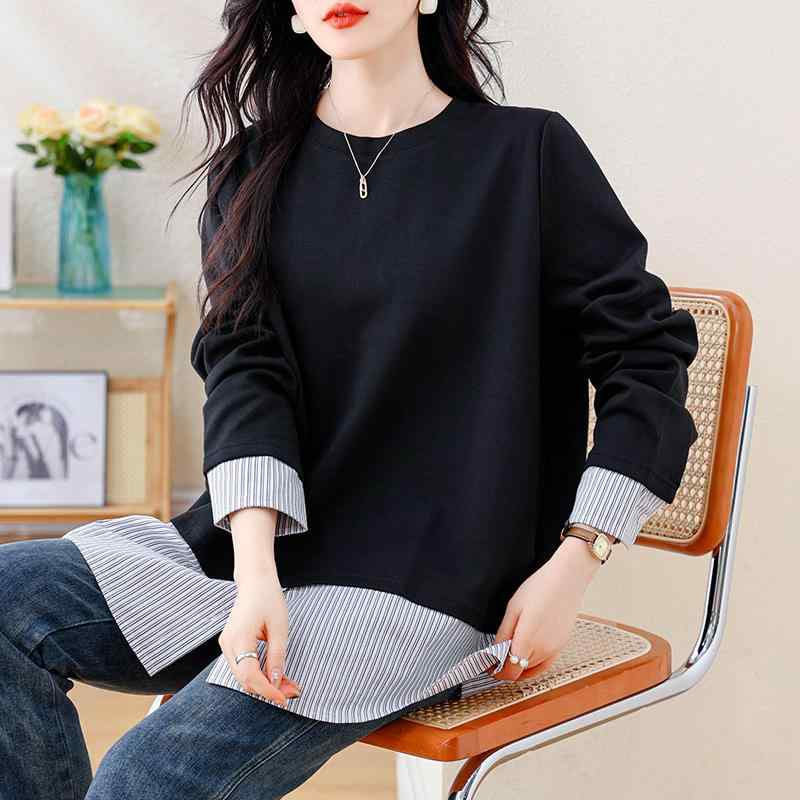 秋服 レディース ファッション オシャレ カワイイ シンプル 大人カワイイ 大きいサイズ ミドル丈 スウェット シャツ フェイク ツーピース ゆったり スタイリッシュ 長袖 トップス