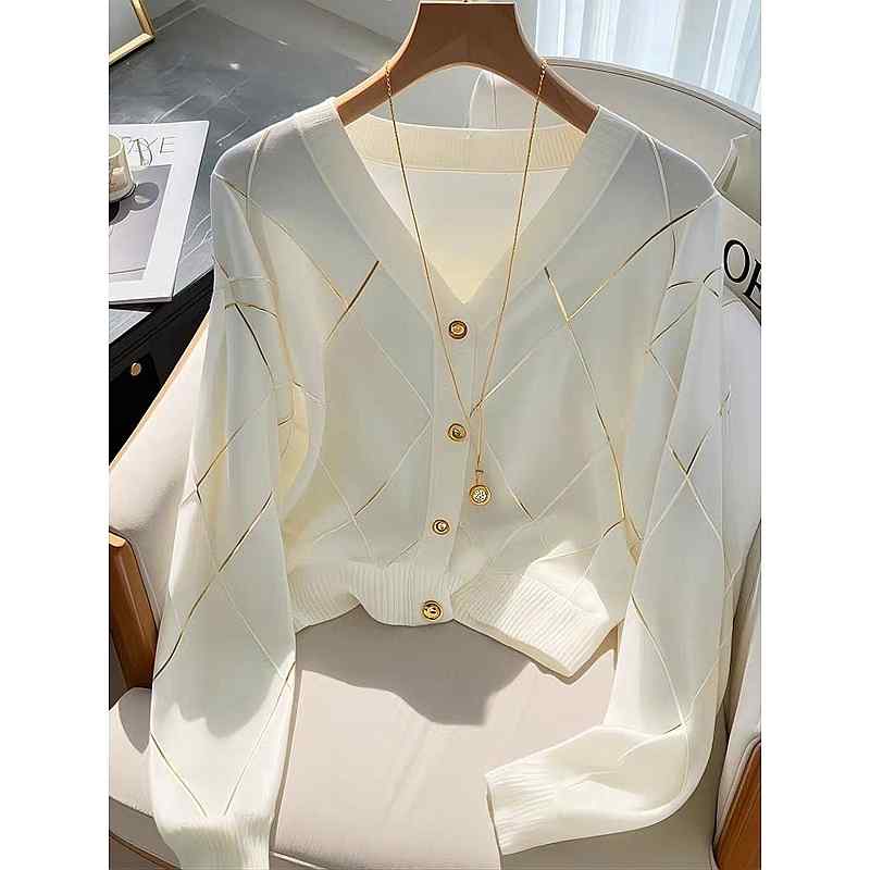 秋服 レディース ファッション オシャレ カワイイ シンプル 大人カワイイ 大きいサイズ 白 薄手 セーター ジャケット ハイエンド シック 菱形 ニットカーディガン
