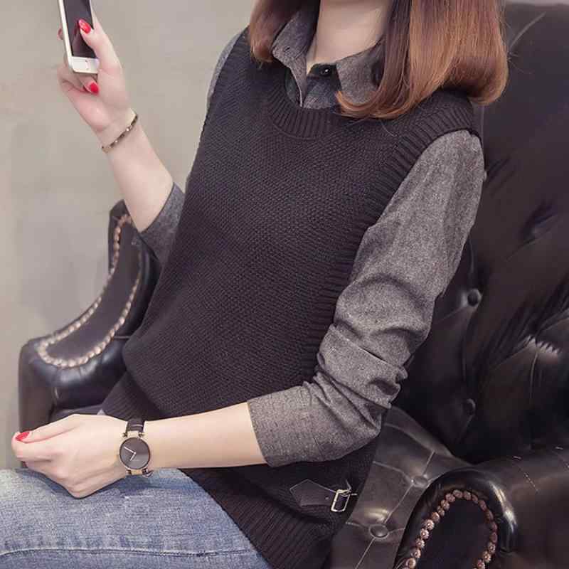 秋服 レディース ファッション オシャレ カワイイ シンプル 大人カワイイ 大きいサイズ ハイエンド シック フェイク ツーピース インナー セーター トップス ニット シャツ