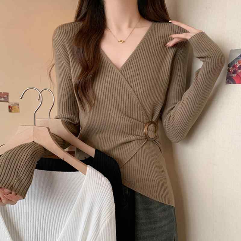 V-Neck - 秋服 レディース ファッション オシャレ カワイイ シンプル 大人カワイイ 大きいサイズ フレンチ 長袖 セーター Vネック トップス M