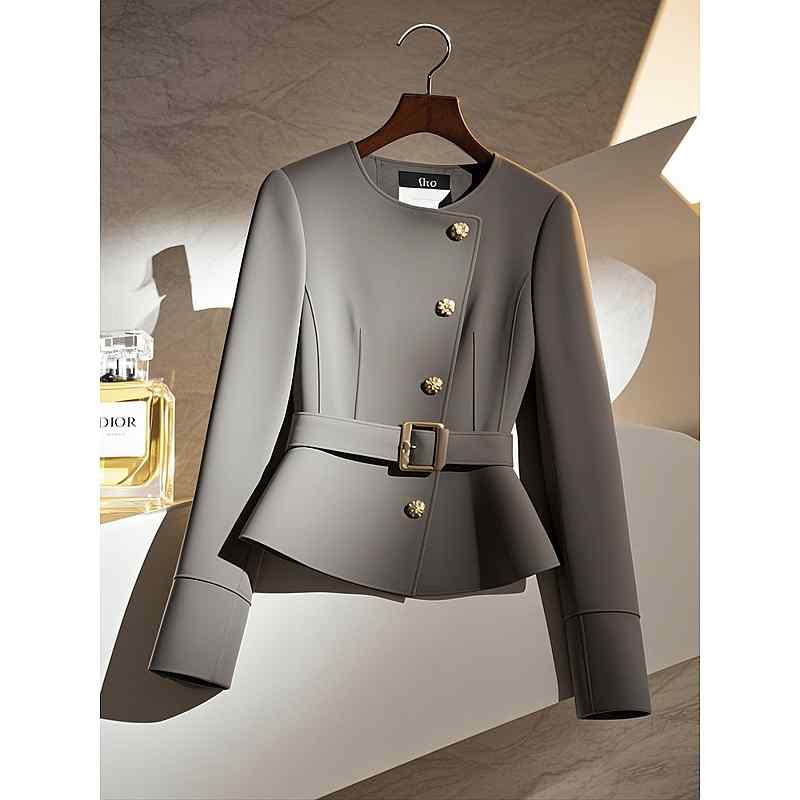 秋服 レディース ファッション オシャレ カワイイ シンプル 大人カワイイ 大きいサイズ グレー ジャケット ハイエンド ラウンドネック ..