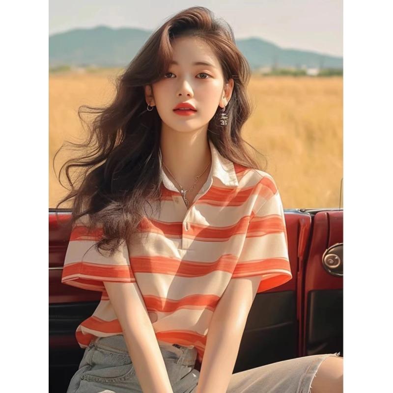秋服 レディース ファッション オシャレ カワイイ シンプル 大人カワイイ 大きいサイズ ストライプ ポロ シャツ ウェア トップス 半袖 T シャツのサムネイル