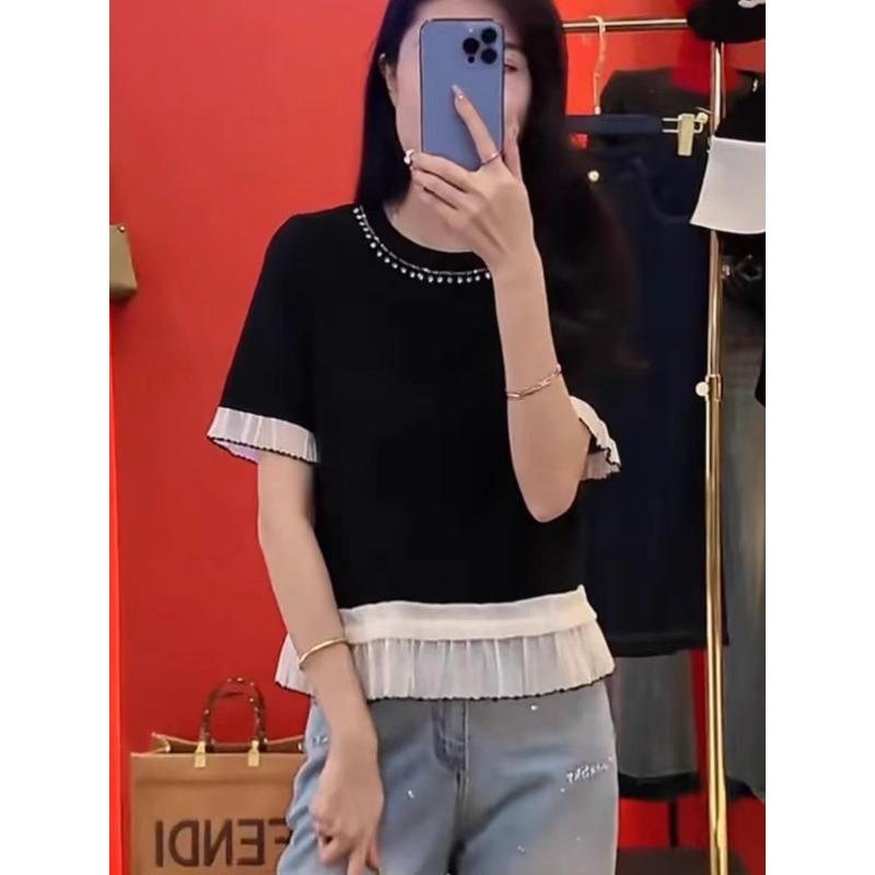Rakuten - 秋服 レディース ファッション オシャレ カワイイ シンプル 大人カワイイ 大きいサイズ ビーズ フェイク ツーピース フリル T シャツ カラーマッチング スリミング トップス