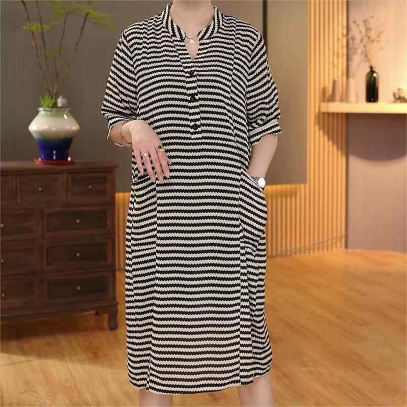 秋服 レディース ファッション オシャレ カワイイ シンプル 大人カワイイ 大きいサイズ スリム Vネック ストライプ ミドル丈 カジュアル Aライン 快適 ドレス