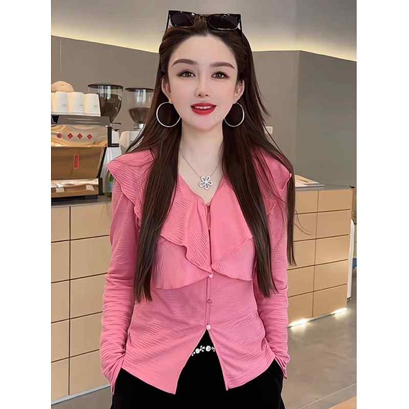 秋服 レディース ファッション オシャレ カワイイ シンプル 大人カワイイ 大きいサイズ フレンチ ピンチ ウエスト トップス ハイエンド フリル Vネック 長袖 ピンク シャツ