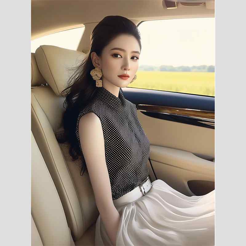 秋服 レディース ファッション オシャレ カワイイ シンプル 大人カワイイ 大きいサイズ フレンチ ノースリーブ シャツ ハイエンド エレガント 黒 水玉 シフォン トップス