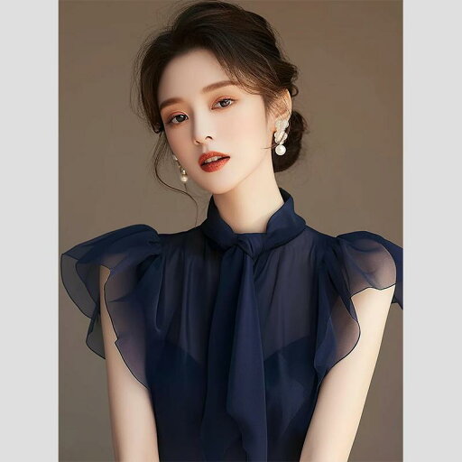 秋服 レディース ファッション オシャレ カワイイ シンプル 大人カワイイ 大きいサイズ フレンチ フライング スリーブ シフォン トップス ハイエンド シック 青 シャツ 秋服 レディース ファッション オシャレ カワイイ シンプル 大人カワイイ 大きいサイズ フレンチ フライング スリーブ シフォン トップス ハイエンド シック 青 シャツ