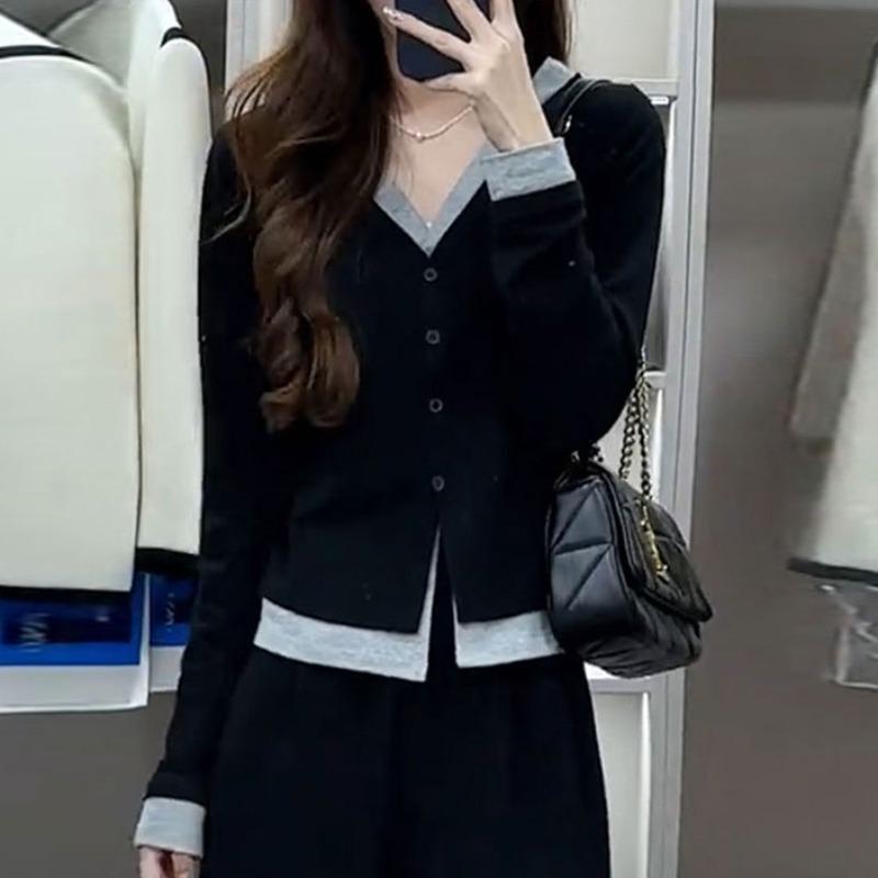 秋服 レディース ファッション オシャレ カワイイ シンプル 大人カワイイ 大きいサイズ 黒 長袖 T シャツ フェイク ツーピース スリム(4)