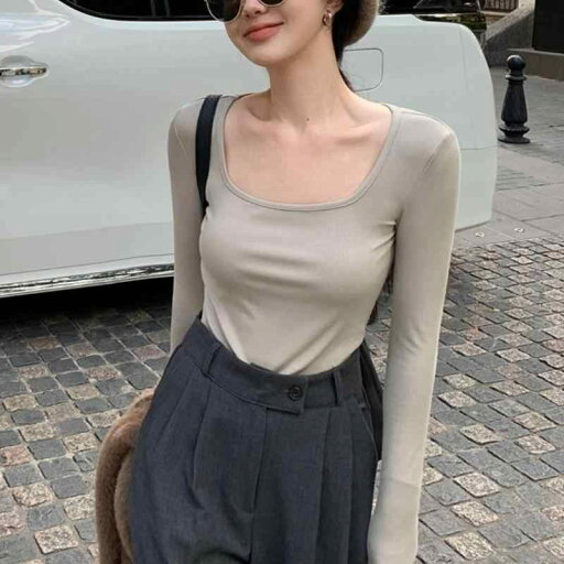 秋服 レディース ファッション オシャレ カワイイ シンプル 大人カワイイ 大きいサイズ スクエアネック 長袖 ニット T シャツ スリムフィット スリム トップス 秋服 レディース ファッション オシャレ カワイイ シンプル 大人カワイイ 大きいサイズ スクエアネック 長袖 ニット T シャツ スリムフィット スリム トップス