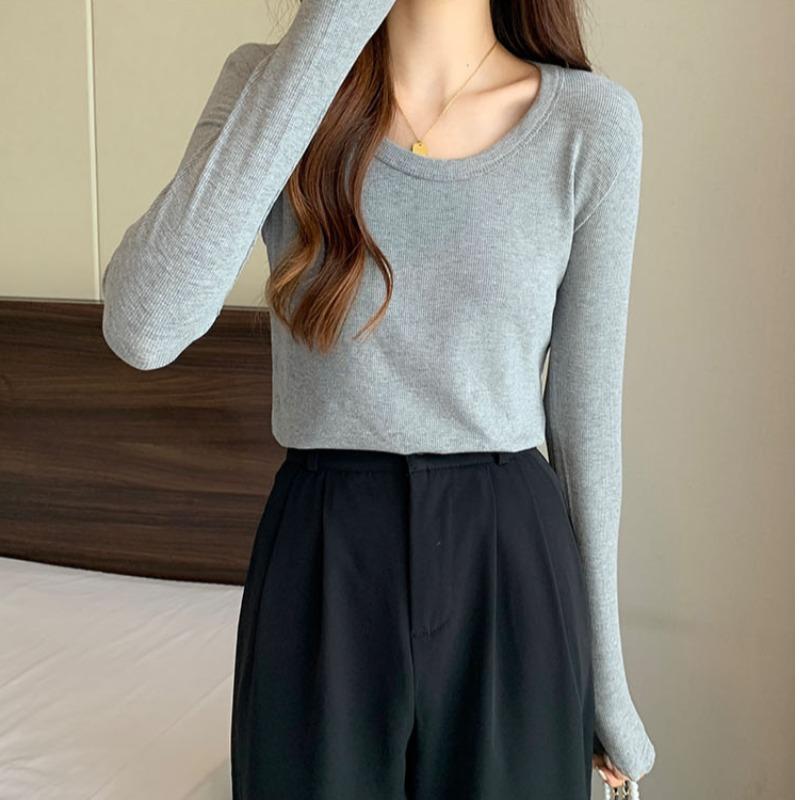 秋服 レディース ファッション オシャレ カワイイ シンプル 大人カワイイ 大きいサイズ グレー コットンセーター スリムフィット ボトムス 長袖 T シャツ ジャケット