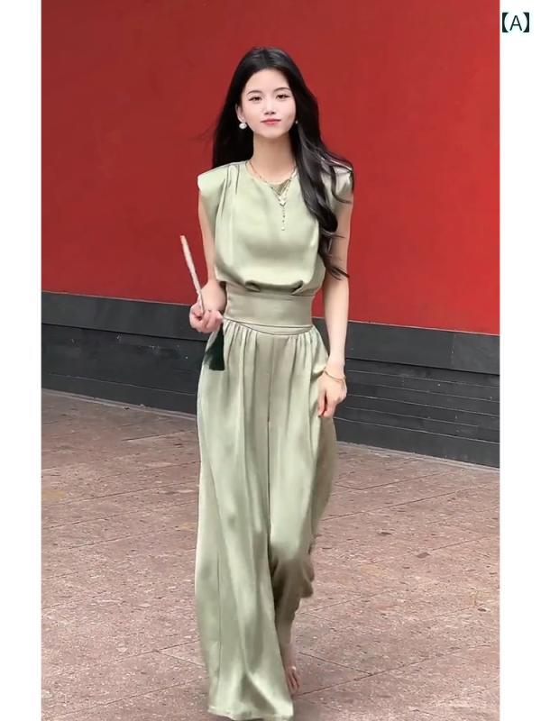 秋服 レディース ファッション オシャレ カワイイ シンプル 大人カワイイ 大きいサイズ 服 スタイリッシュ ハイエンド ミント グリーンサテン トップス パンツ スーツ セットアップ 可能