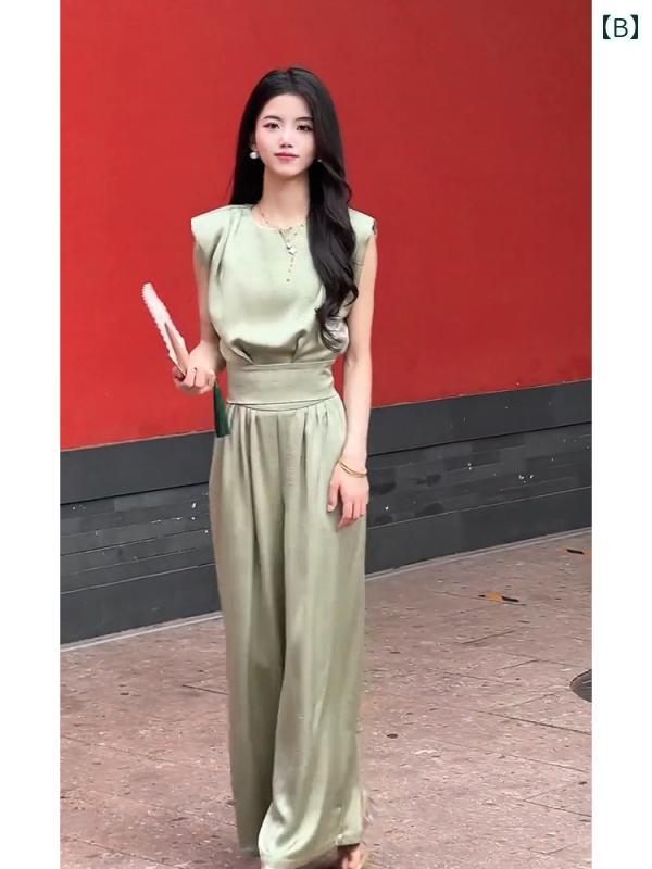 秋服 レディース ファッション オシャレ カワイイ シンプル 大人カワイイ 大きいサイズ 服 スタイリッシュ ハイエンド ミント グリーンサテン トップス パンツ スーツ セットアップ 可能