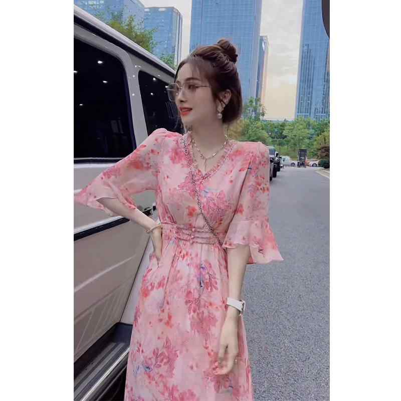 秋服 レディース ファッション オシャレ カワイイ シンプル 大人カワイイ 大きいサイズ フレンチ ホリデー ドレス ハイエンド ピンク 花柄