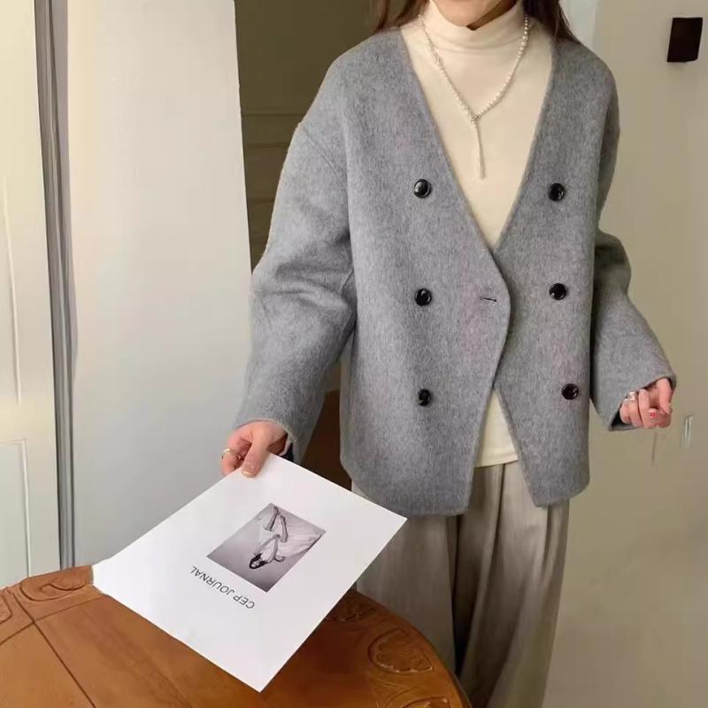 Rakuten - 秋服 レディース ファッション オシャレ カワイイ シンプル 大人カワイイ 大きいサイズ ハイエンド ウール コート ダブルブレスト ノー カラー スーツ ベルベット フレンチ コート