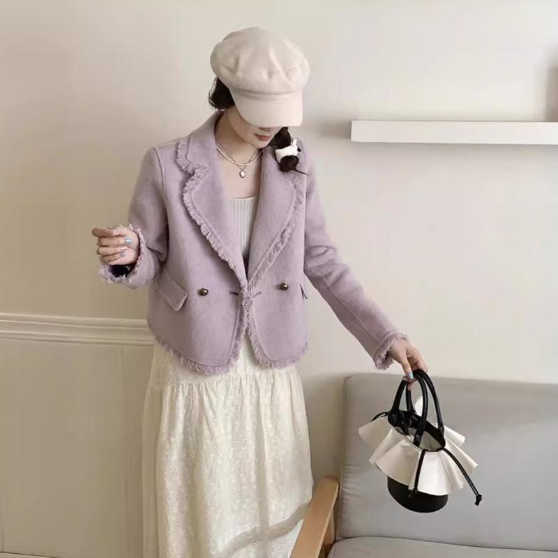 乐天商城 - 秋服 レディース ファッション オシャレ カワイイ シンプル 大人カワイイ 大きいサイズ ハイエンド ウール コート 柄 タッセル スーツ