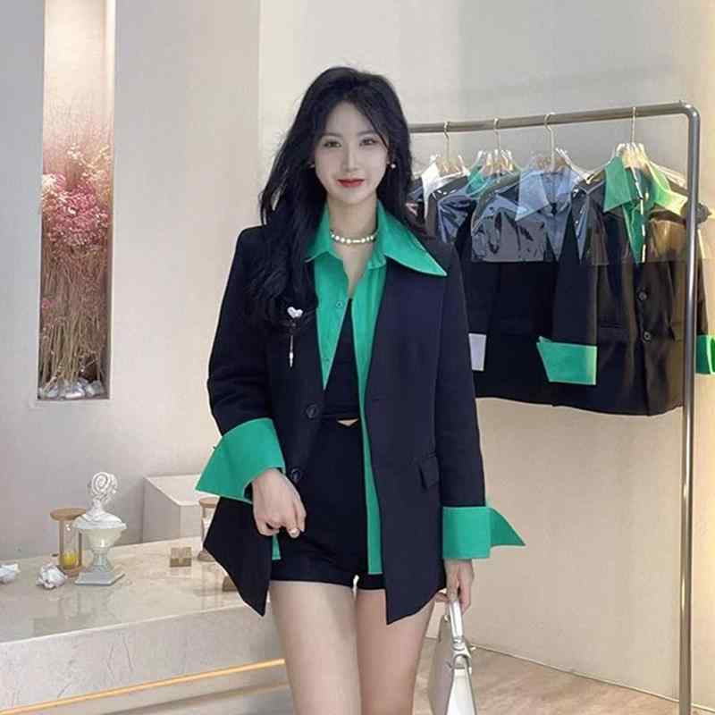 秋服 レディース ファッション オシャレ カワイイ シンプル 大人カワイイ 大きいサイズ フェイク ツーピース スーツ ジャケット ハイエンド コントラスト シャツ