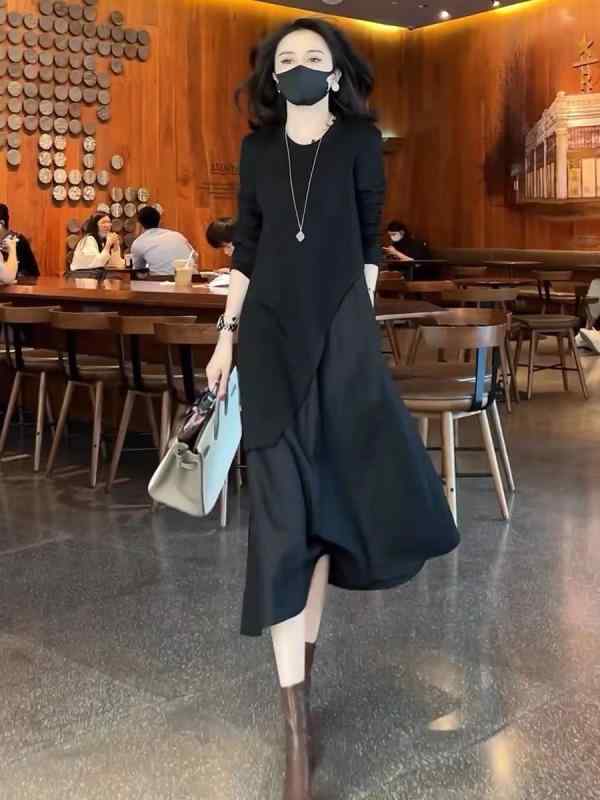 秋服 レディース ファッション オシャレ カワイイ シンプル 大人カワイイ 大きいサイズ フェイク ツーピース ドレス ニット 黒