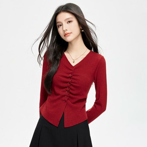 秋服 レディース ファッション オシャレ カワイイ シンプル 大人カワイイ 大きいサイズ 赤 ウール セーター スリムフィット インナー Vネック 長袖 トップス 秋服 レディース ファッション オシャレ カワイイ シンプル 大人カワイイ 大きいサイズ 赤 ウール セーター スリムフィット インナー Vネック 長袖 トップス
