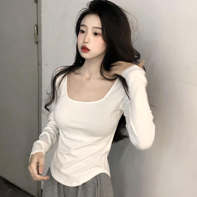 秋服 レディース ファッション オシャレ カワイイ シンプル 大人カワイイ 大きいサイズ 白 T シャツ 長袖 U ネック スリムフィット コットンインナー レイヤリング(4.0)