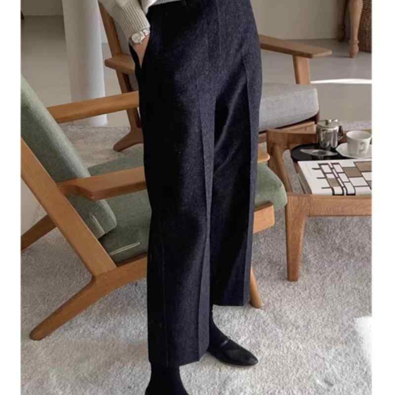 秋服 レディース ファッション オシャレ カワイイ シンプル 大人カワイイ 大きいサイズ ウール ナロー ワイド レッグ パンツ ハイウエスト カジュアル ストレート 九分丈