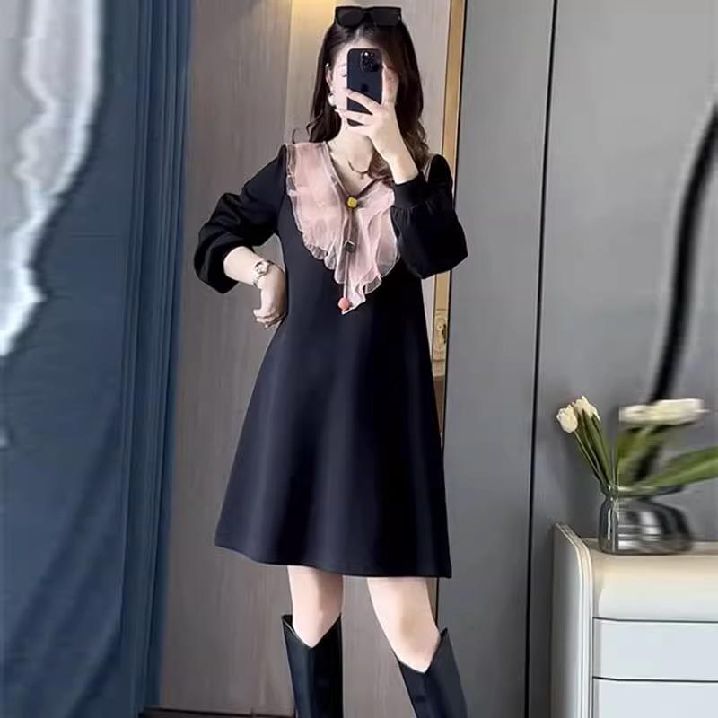 秋服 レディース ファッション オシャレ カワイイ シンプル 大人カワイイ 大きいサイズ ハイエンド Vネック フリル 長袖 ミドル丈 スカート ボトム ドレス
