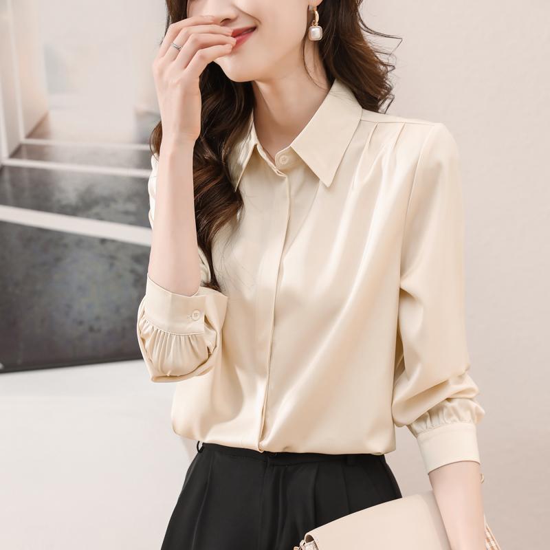 秋服 レディース ファッション オシャレ カワイイ シンプル 大人カワイイ 大きいサイズ ハイエンド サテン 白 シャツ 長袖 通勤ウェア フレンチ トップス