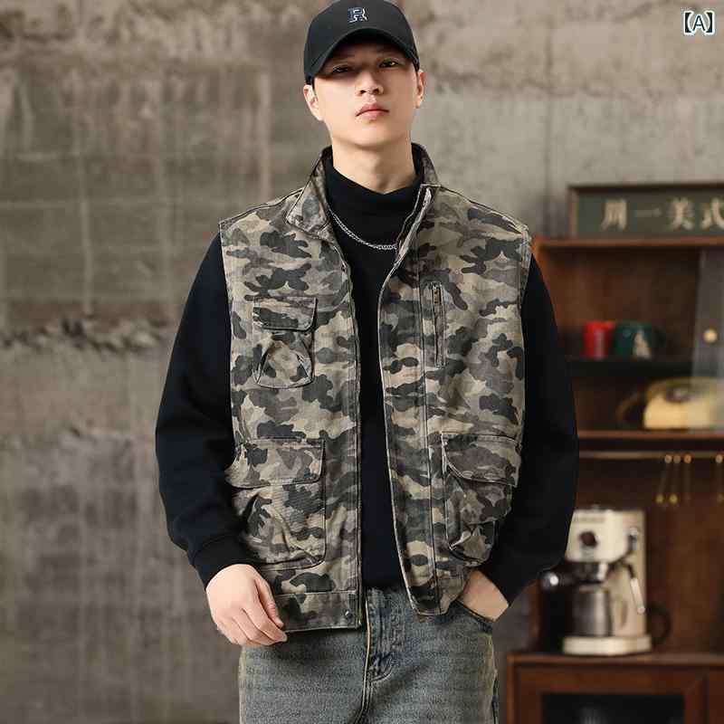 メンズ ファッション 服 男性用 オシャレ シンプル 大人 かっこいい ストリート 迷彩 ワークウェア スタンドカラー ベスト アウトドア タクティカル カジュアル ウエスト コート