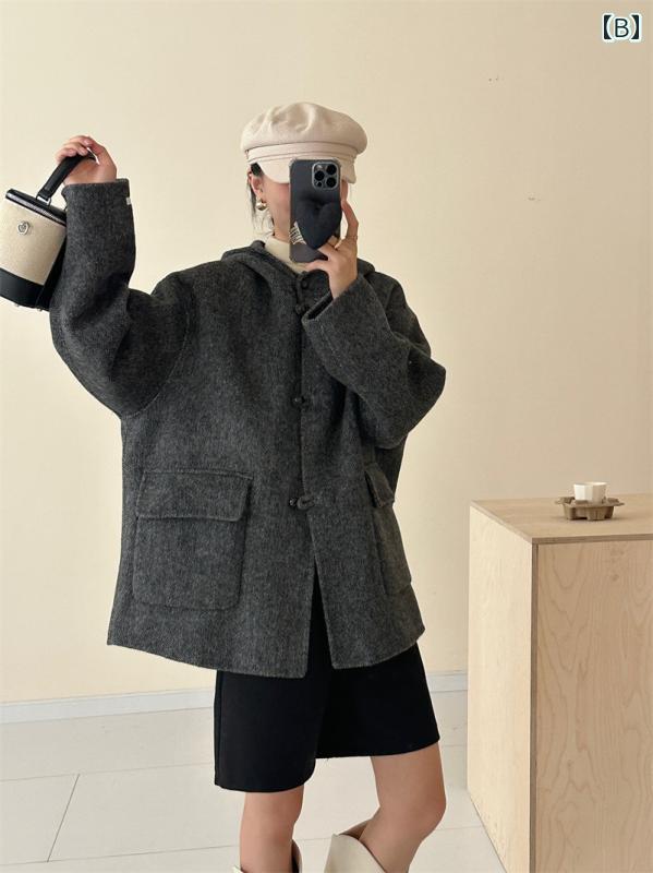 秋服 レディース ファッション オシャレ カワイイ シンプル 大人カワイイ 大きいサイズ ハイエンド ウール コート カジュアル フード付き フレンチ