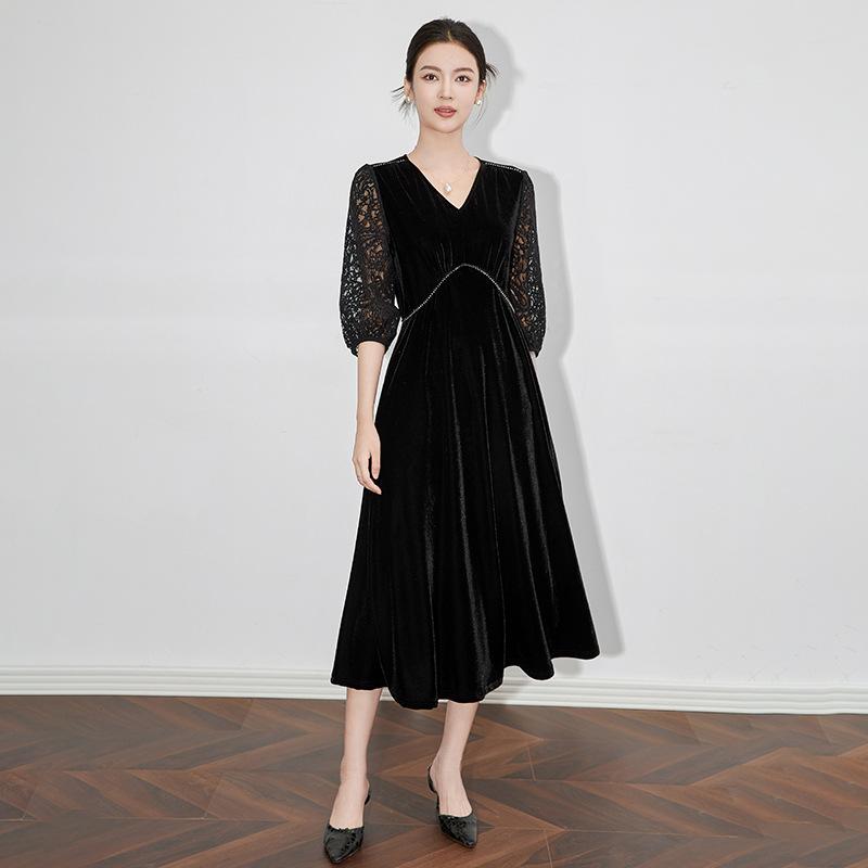 秋服 レディース ファッション オシャレ カワイイ シンプル 大人カワイイ 大きいサイズ 服 ベルベット ドレス ランタン スリーブ ウエスト Vネック ミドル丈