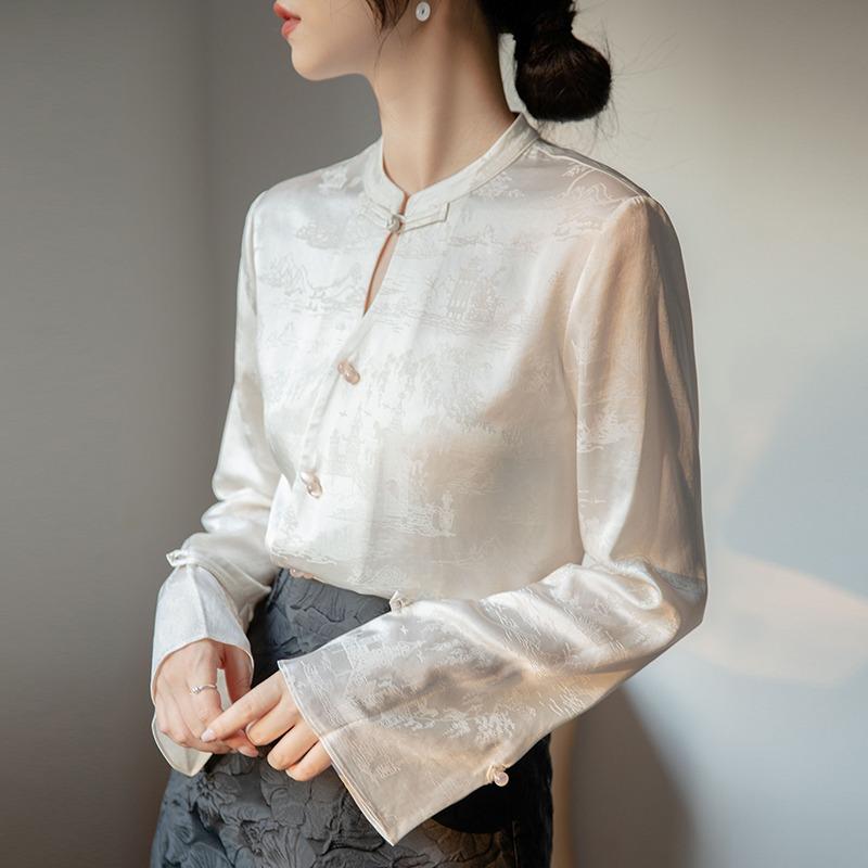 Spring fashion for women: Stylish, cute, simple, elegant, natural, and elegant casual styles. High-end jacquard acetate button-down shirts and satin tops.